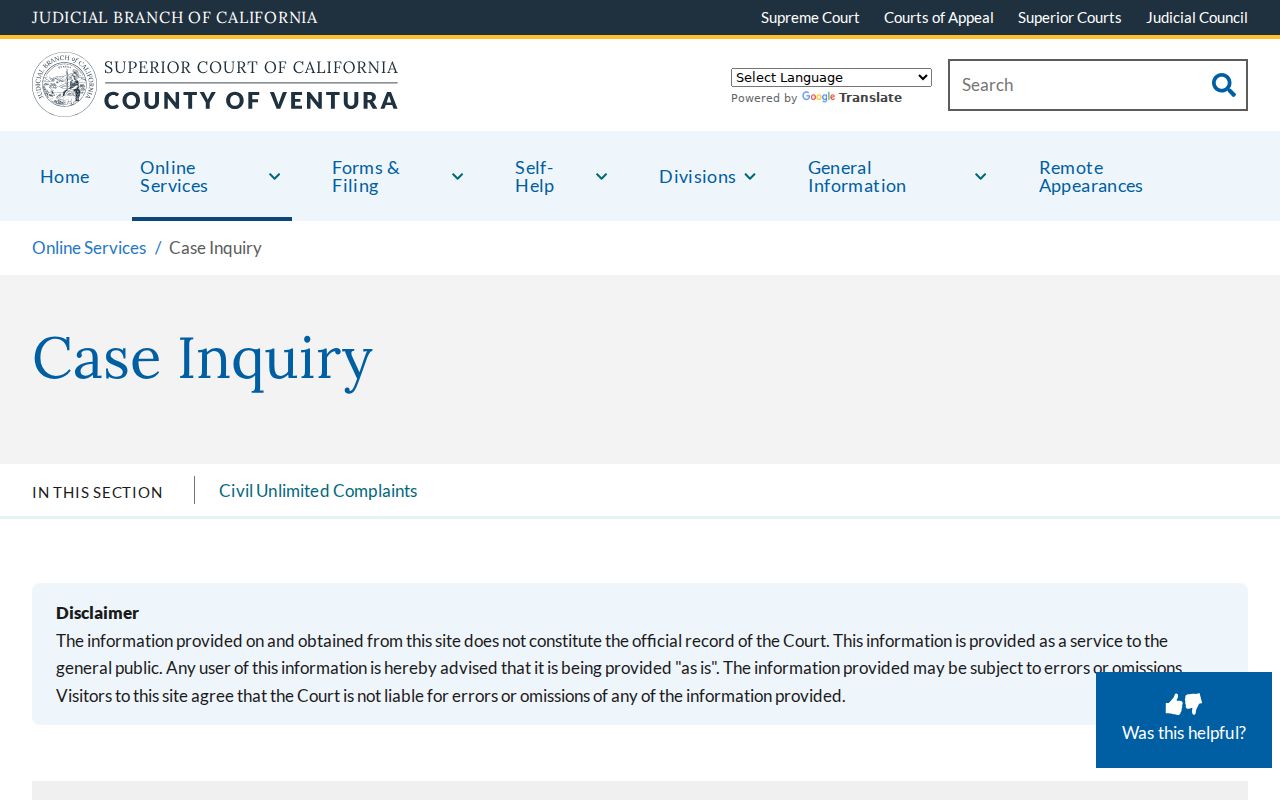 Simi Valley court records search through Ventura Superior Court case inquiry