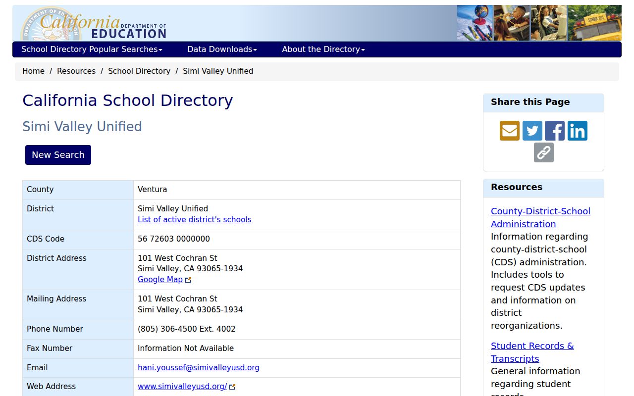 Simi Valley people directories record in the California school directory