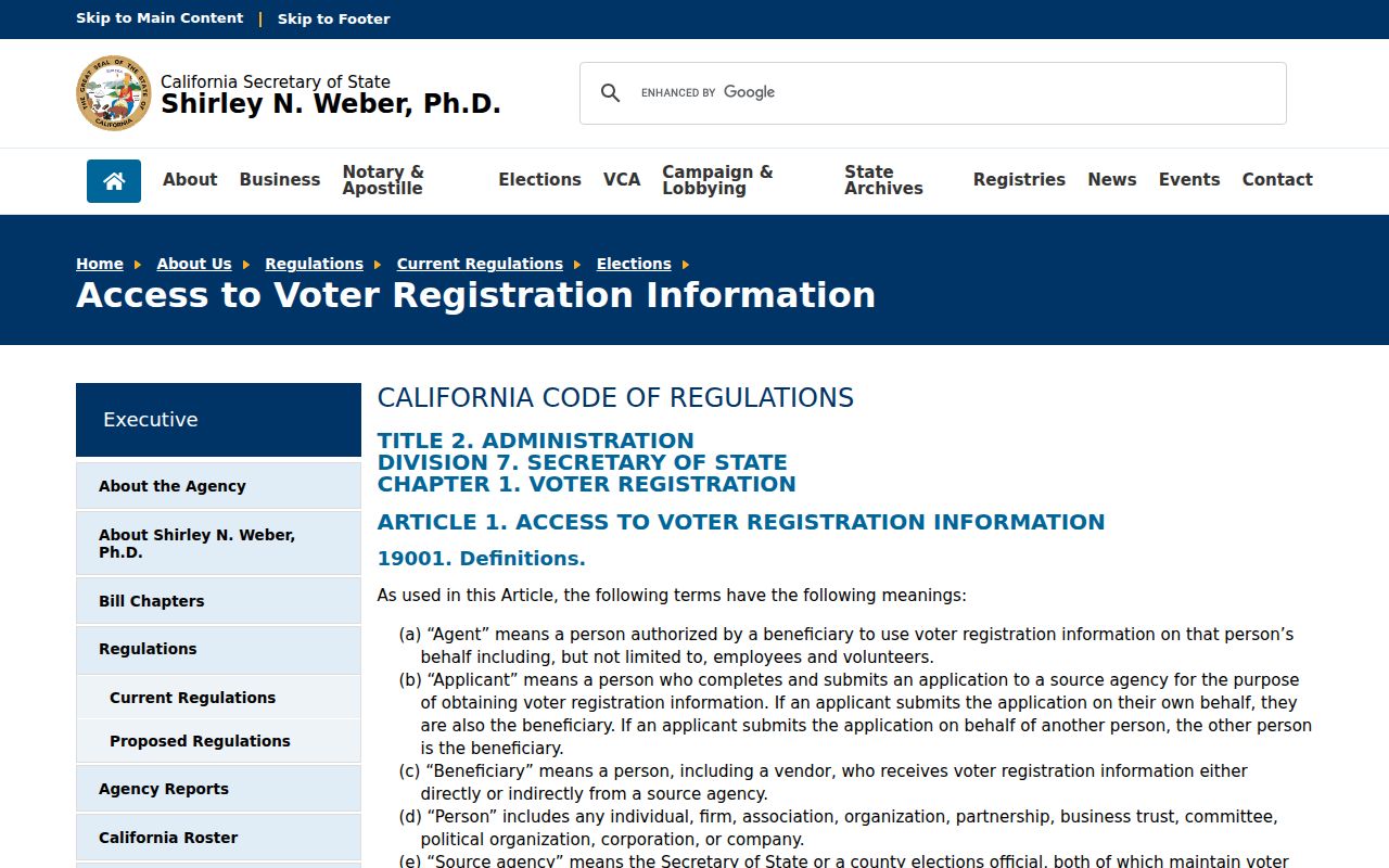 California regulations governing access to Simi Valley voter records