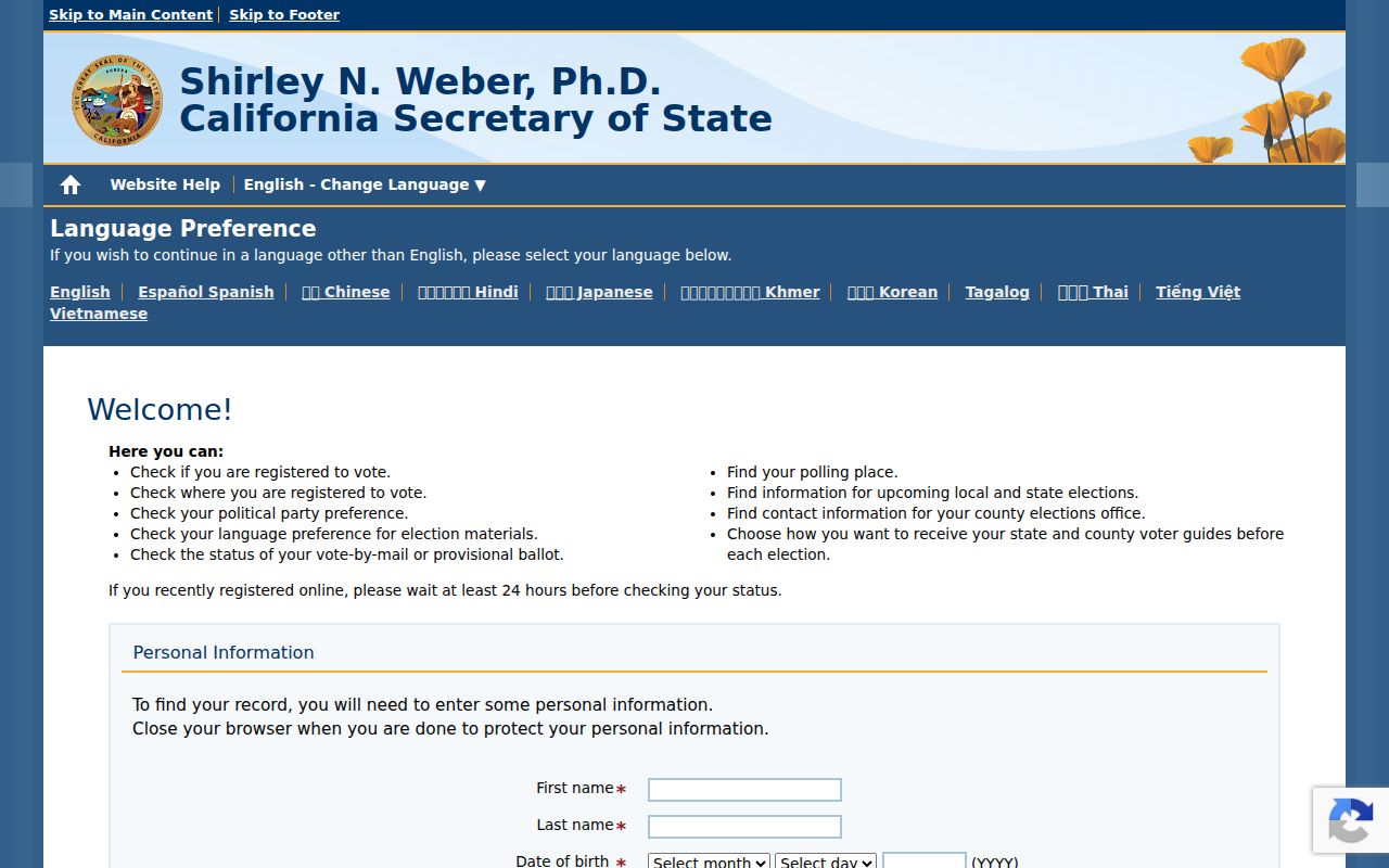 California My Voter Status portal used for Simi Valley voter records lookup