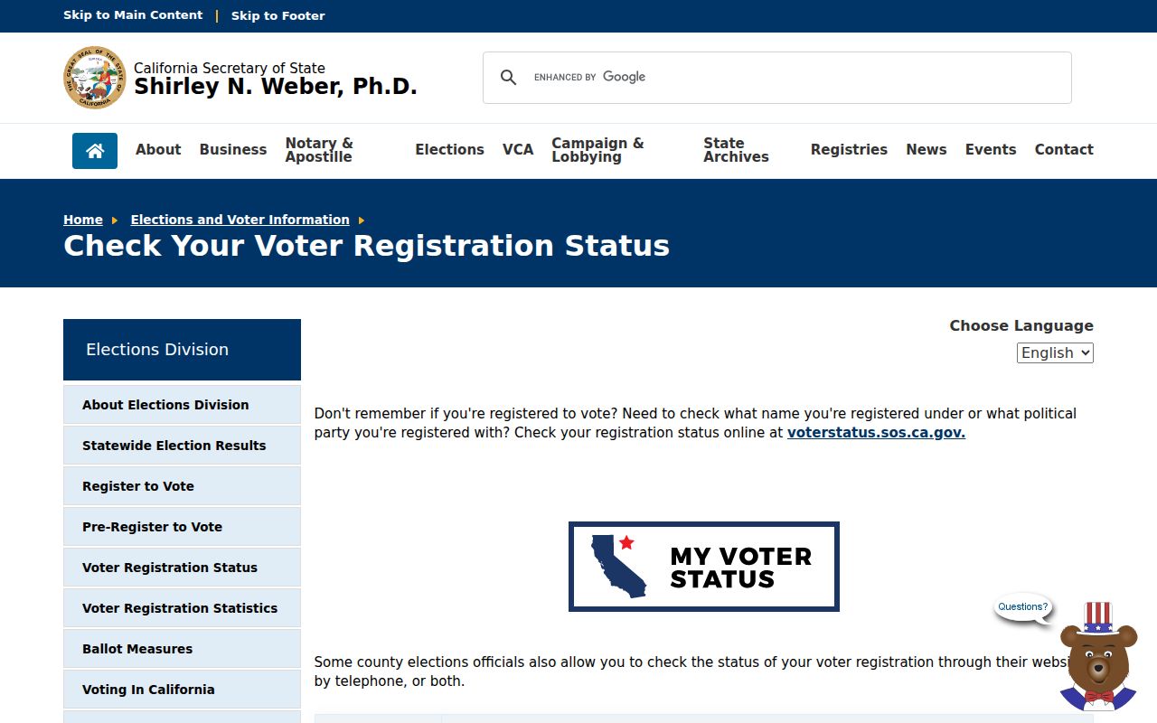 Simi Valley voter records entry page from the California Secretary of State